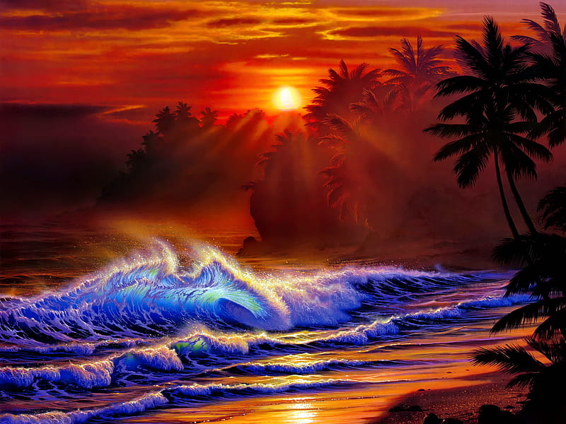 Golden moments, fiery, bonito, sunset, sea, beach, moment, painting, sunrise, reflection, tropics, art, exotic, ocean, golden, waves, sky, palms, paradise, island, coast, HD wallpaper