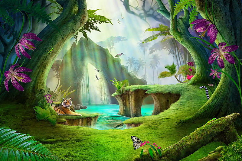 The enchanted forest, paradise, magical, bonito, tiger, fairytale, wood,  enchanted, HD wallpaper | Peakpx