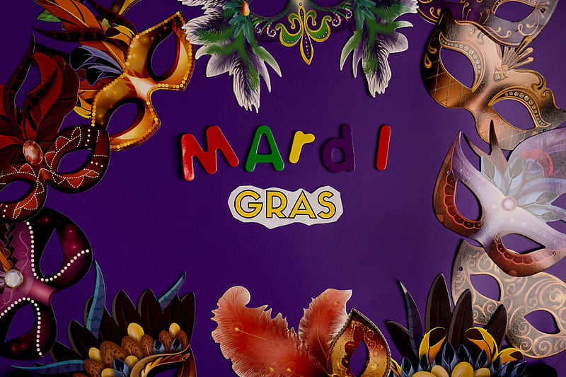 Colorful Masks And Mardi Gras Text On Purple Background, HD wallpaper