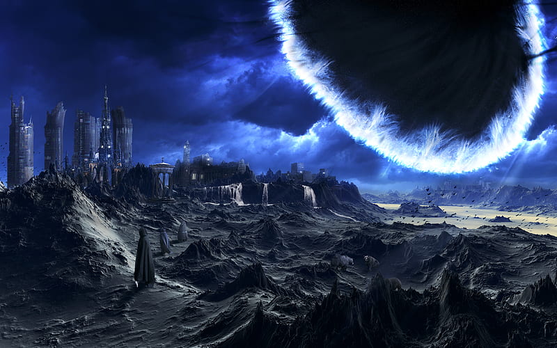 Hex_Omega, omega, destruction, space, hex, planet, nature, black hole, landscape, blue, HD wallpaper