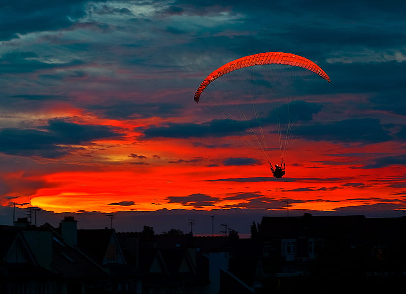Landing, red, sun, wind, black, sunset, sky, clouds, dark, blue, night, HD wallpaper