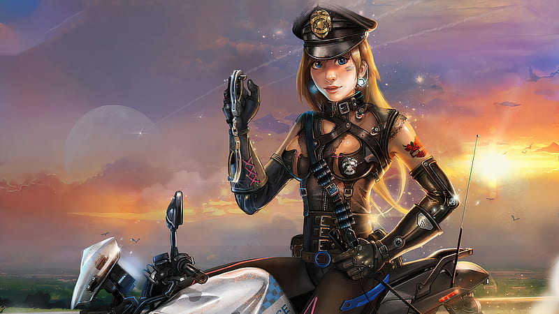 Cyber Police Girl On Bike , cyberpunk, police, artist, artwork, digital-art, artstation, HD wallpaper