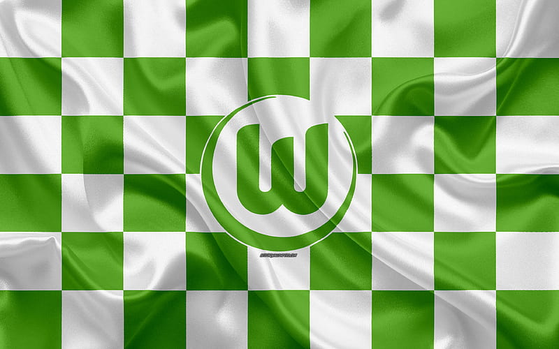 VfL Wolfsburg logo, creative art, green white checkered flag, German football club, Bundesliga, emblem, silk texture, Wolfsburg, Germany, football, HD wallpaper