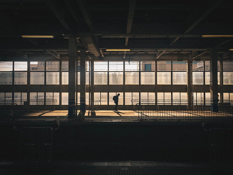 station, silhouette, dark, platform, building, HD wallpaper