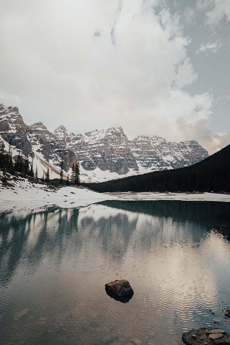 lake, stones, mountains, snow, snowy, HD phone wallpaper