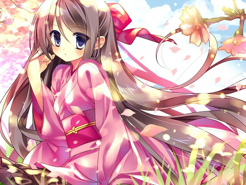 Pink Kimono, pretty, floral, sweet, nice, anime, yukata, anime girl ...
