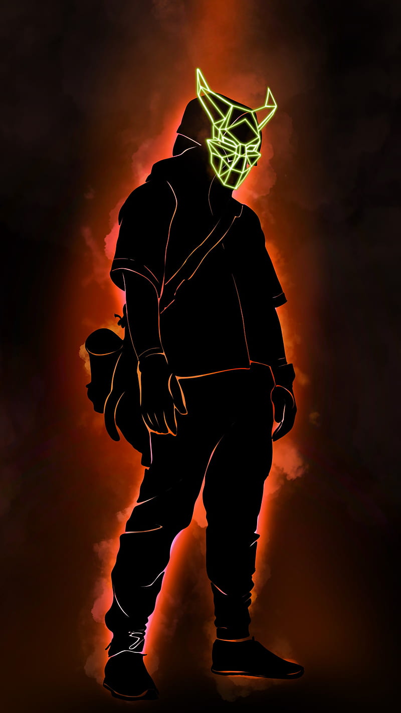 inferno masked man 2, ignite black, cloud, dark, figure, mask, neon, orange, pose, red, silhouette, HD phone wallpaper