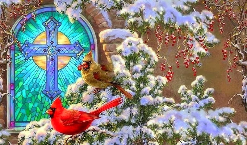 Cardinals of the Church Window, Christmas, holidays, window, love four seasons, birds, attractions in dreams, xmas and new year, winter, cardinals, paintings, snow, berries, churches, winter holidays, HD wallpaper