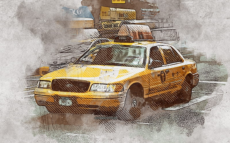 New York City Taxi, Manhattan, yellow taxi, grunge art, painted taxi, grunge taxi, New York, USA, HD wallpaper
