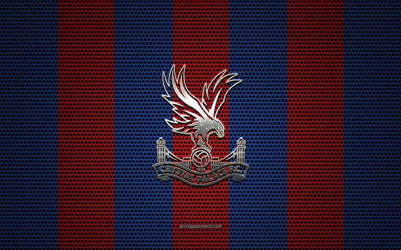 Crystal Palace FC logo, English football club, metal emblem, blue red metal mesh background, Crystal Palace FC, Premier League, London, England, football, HD wallpaper