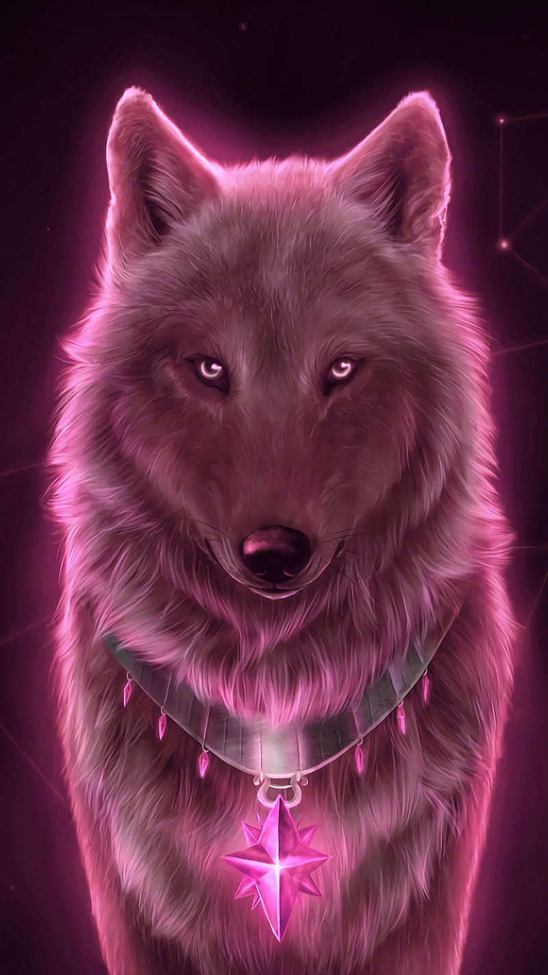 Wolf, animal, drawings, fantasy, pink, star, HD phone wallpaper