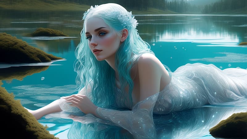 Mermaid in the water, termeszet, kek haj, fak, sello, vizben hasal, kek szemek, folyo, HD wallpaper