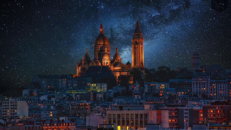Stars, Night, Paris, France, Cityscape, Monument, Basilica, Religious, Sacré Cœur, Basilicas, HD wallpaper