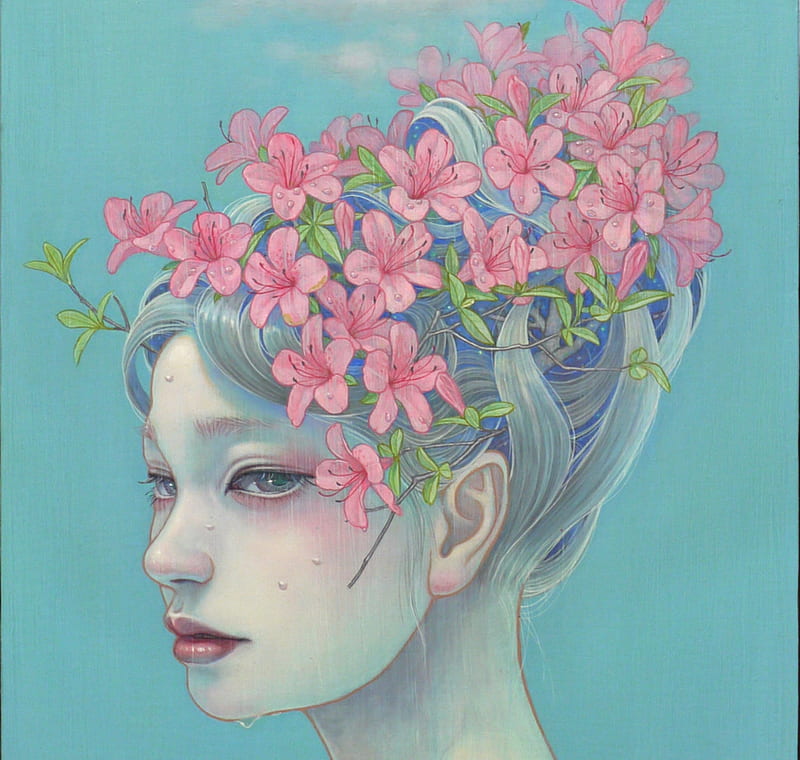 :), art, girl, flower, miho hirano, face, mihohirano, pink, blue, painting, HD wallpaper