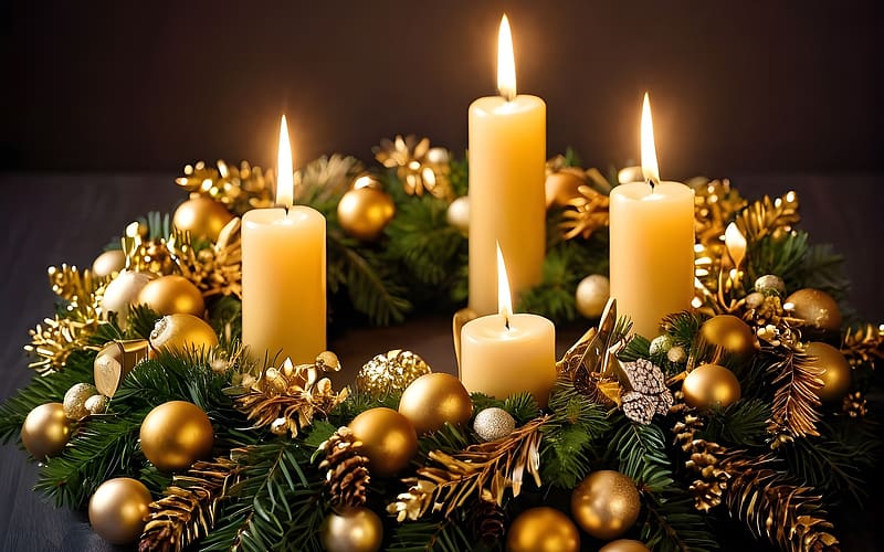 The Fourth Advent, Advent, wreath, AI art, four, candles, balls, HD wallpaper