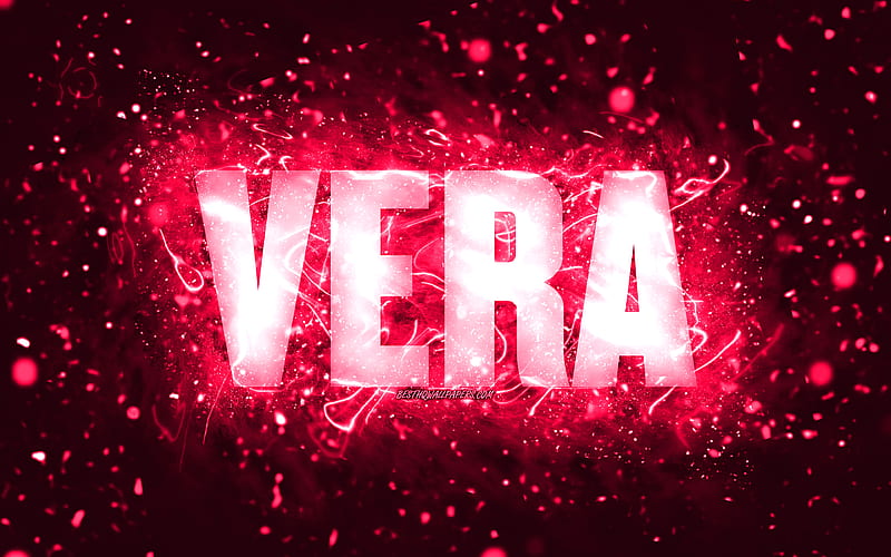 Happy Birtay Vera, pink neon lights, Vera name, creative, Vera Happy Birtay, Vera Birtay, popular american female names, with Vera name, Vera, HD wallpaper