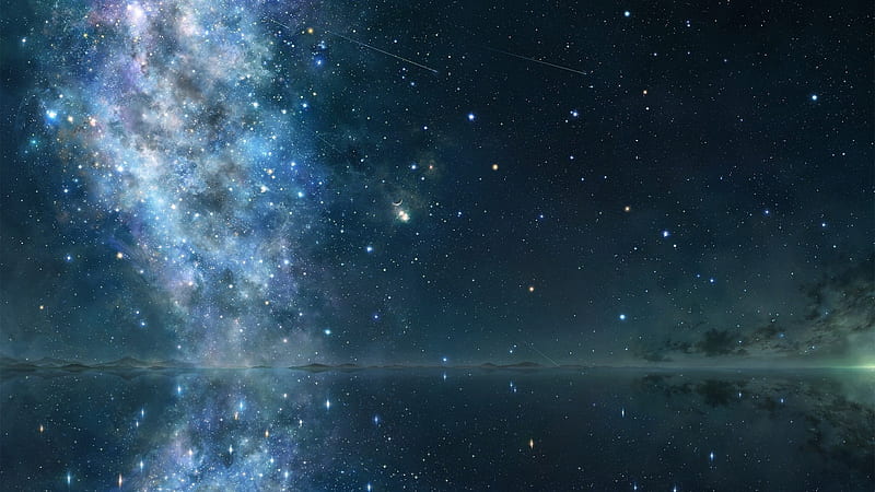 Bright Stars Up Above The Water Around Mountain Space, HD wallpaper