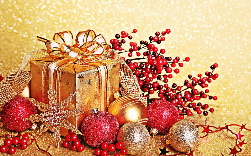 Christmas gift, golden box, red Christmas balls, golden silk bow, Merry Christmas, Happy New Year, HD wallpaper