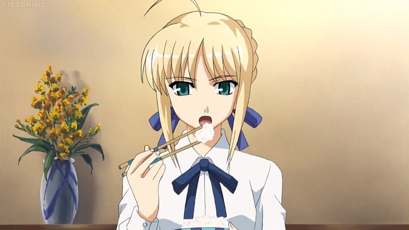 Let's Dig In, saber, pretty, blond, hungry, vase, adorable, eat, sweet, nice, fate stay night, yummy, anime, anime girl, shirt, shopsticks, female, lovely, food, ribbon, blonde, blonde hair, blouse, blond hair, rice, cute, kawaii, girl, flower, eating, HD wallpaper