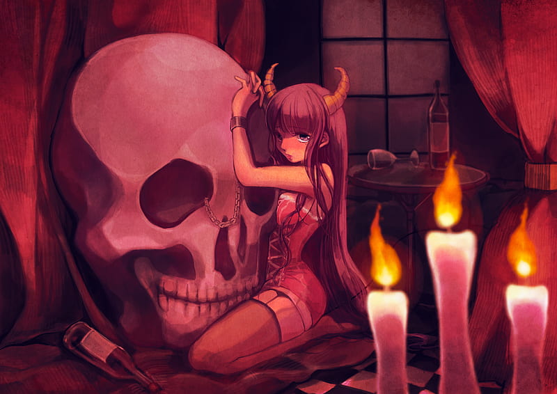 Give into Temptation, red, polychromatic, chain, bonito, thigh highs, sexy, horns, candles, cute, demon, hot, beauty, anime girl, long hair, skull, corset, HD wallpaper