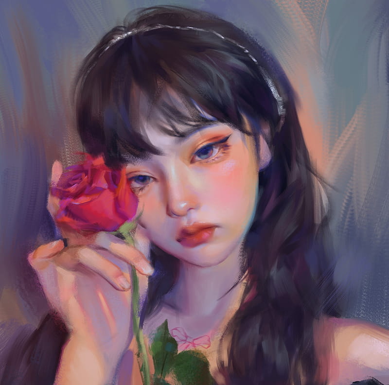 Girl, rose, asian, art, flower, face, zim, zimart, red, HD wallpaper ...