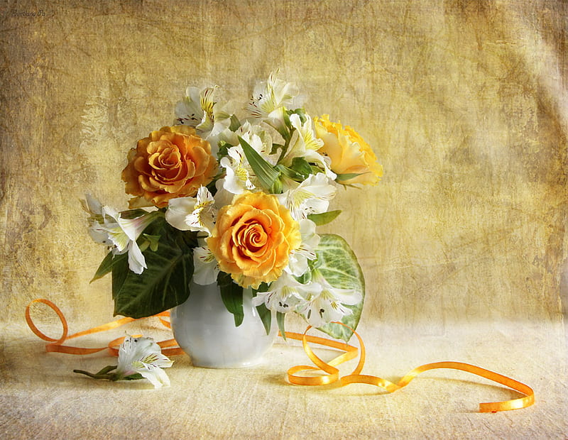 still life, pretty, rose, yellow, vase, bonito, old, graphy, nice, flowers, beauty, harmony, lovely, ribbon, roses, elegantly, cool, bouquet, flower, white, HD wallpaper