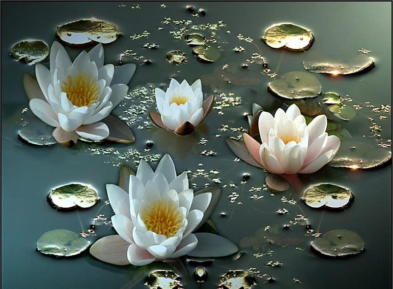 White water lillies (for Echosong), pic wall pond, lillies, leaves, water shining, water-lilies, flowers, lilly, color, colour, white, HD wallpaper