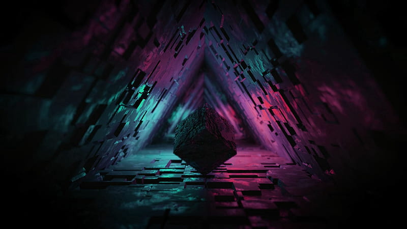 cube, figure, dark, tunnel, backlight, 3d, HD wallpaper
