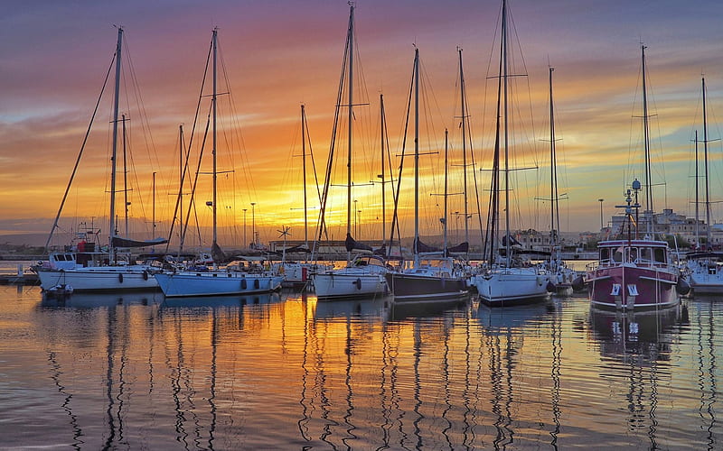 Sailboats at Sunset, evening, sailboats, yachts, marina, calm, sunset, HD wallpaper