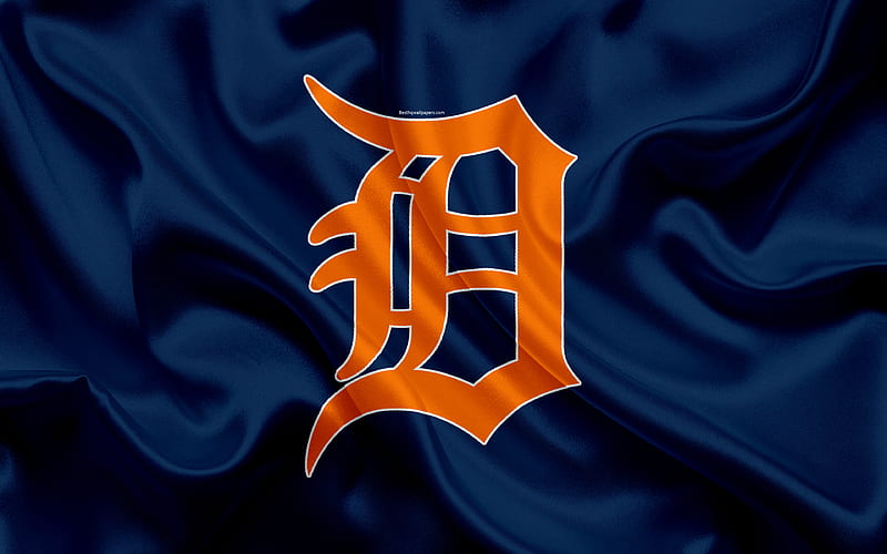Detroit Tigers logo, silk texture, American baseball club, blue flag, emblem, MLB, Detroit, Michigan, USA, Major League Baseball, HD wallpaper