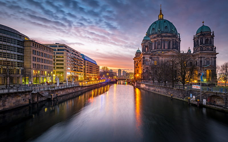 Berliner Dom, Berlin Cathedral, Supreme Parish and Collegiate Church, Berlin, evening, river, cityscape, sunset, landmark, Germany, HD wallpaper