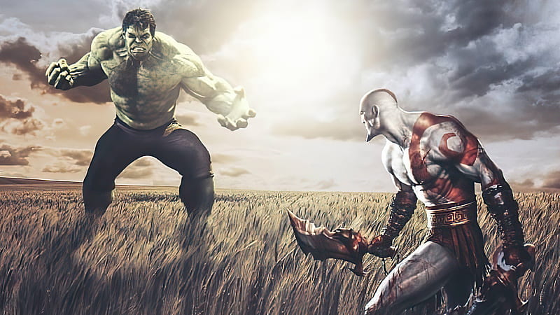 Hulk Vs Kratos, hulk, kratos, superheroes, artist, artwork, digital-art, HD wallpaper