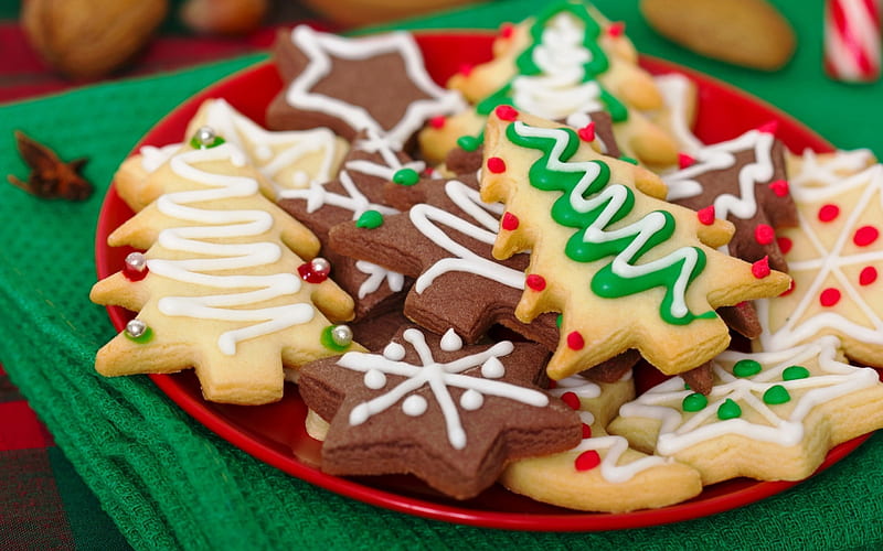 Christmas cookies, red, cookie, craciun, green, christmas, food, dessert, sweet, HD wallpaper