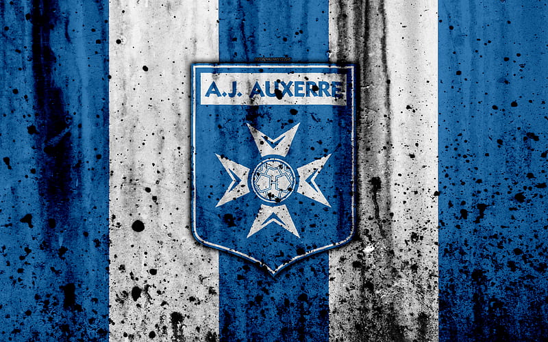 FC Auxerre logo, Ligue 2, stone texture, France, AJ Auxerre, grunge, soccer, football club, Liga 2, Auxerre FC, HD wallpaper