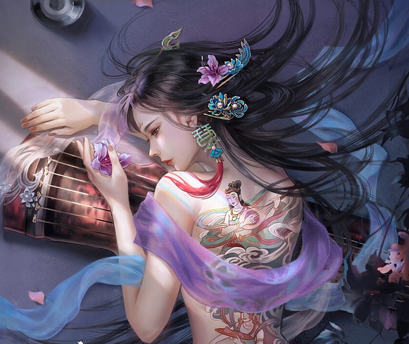 Fantasy girl, fantasy, tatto, frumusete, instrument, luminos, yinseqiji, girl, asian, HD wallpaper