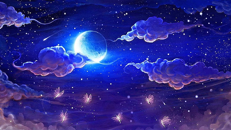 Dance of the Moon Fairies, clouds, sky, night, stars, art, digital, HD wallpaper