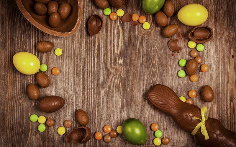 Happy Easter!, brown, food, chocolate, yellow, easter, sweet, dessert, card, egg, green, mwood, wood, HD wallpaper