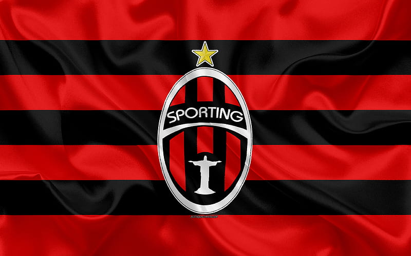 AF Sporting San Miguelito logo, silk texture, Panama football club, red black flag, emblem, Panamanian Football League, LPF, San Miguelito, Panama, football, HD wallpaper