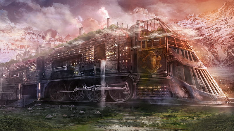 Steampunk, twilight, locomotive, clouds, train, art, HD wallpaper