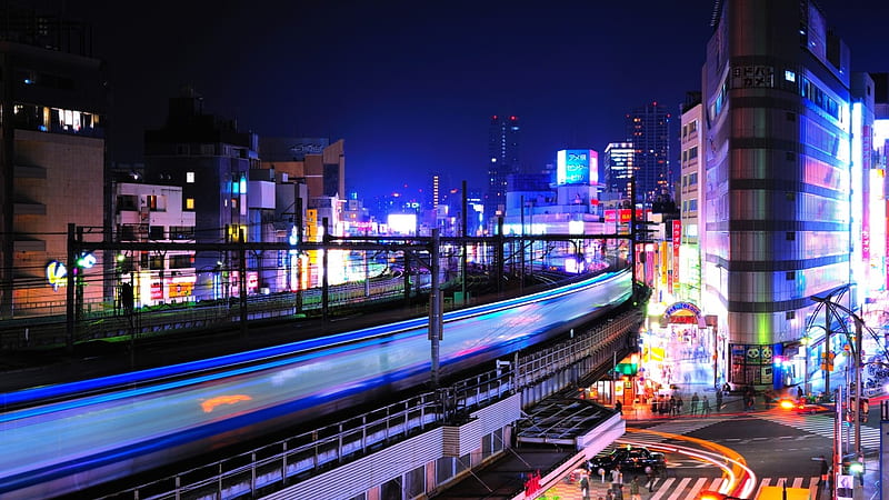Tokyo Night, japan, city, japanese, train, tokyo, buildings, scenery, night, HD wallpaper