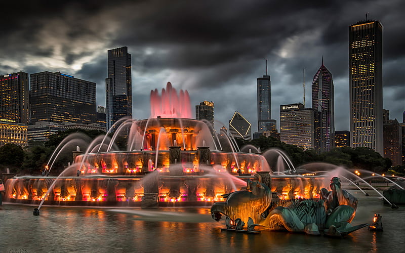 Buckingham Fountain, Chicago, Grant Park, evening, sunset, skyscrapers, modern buildings, Chicago cityscape, landmark, Illinois, USA, HD wallpaper