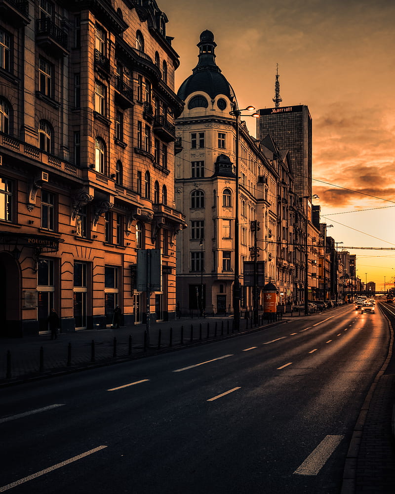 city, buildings, architecture, road, carros, sunset, HD phone wallpaper