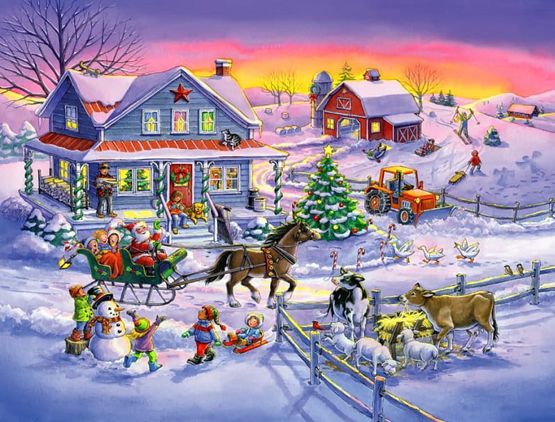 Countryside Christmas, sleigh, colorful, bonito, countryside, painting, village, kids, art, view, holiday, christmas, houses, fun, joy, winter, santa, snow, HD wallpaper