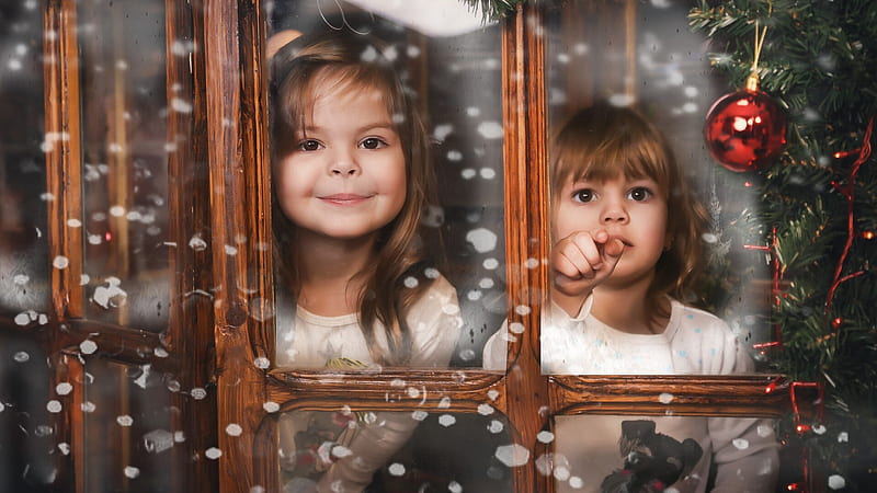 Cute Little Girls Are Standing In Front Of Glass Door Watching Outside Cute, HD wallpaper