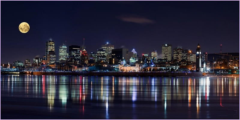 NIGHT IN MONTREAL, moon, city, montreal, reflection, lights, night, HD wallpaper