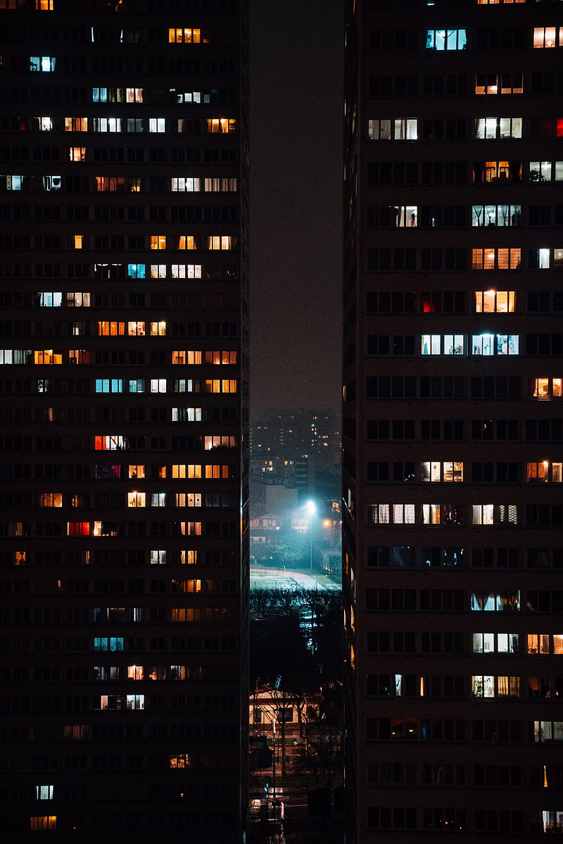 buildings, night, lights, window, HD phone wallpaper