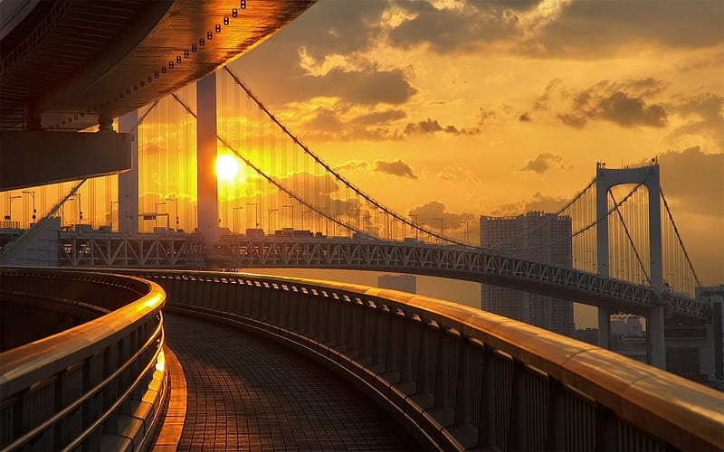 Sunset Reflections, japan, Tokyo, yellow, Rainbow bridge, clouds, silhouette, elegant, brick, bridge, texture, steel, shadows, reflection, HD wallpaper