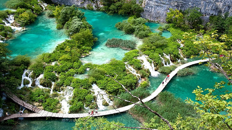 Plitvice Lakes, Croatia, trees, waterfalls, landscape, water, path, wooden, HD wallpaper