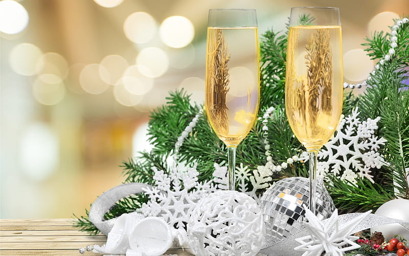 champagne, glasses, Happy New Year, New Year 2018, xmas decorations, Christmas, HD wallpaper