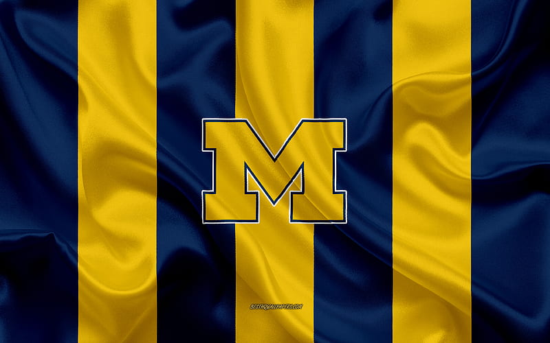 Michigan Wolverines, American football team, emblem, silk flag, yellow-blue silk texture, NCAA, Michigan Wolverines logo, Michigan, USA, American football, University of Michigan, HD wallpaper
